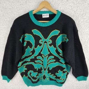 Vintage 80s Helen Sue Knit Sweater Womens 6 Made USA Boho Paisley Gold Trim